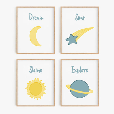 Outer Space Illustrated Art Prints (Set of 4)