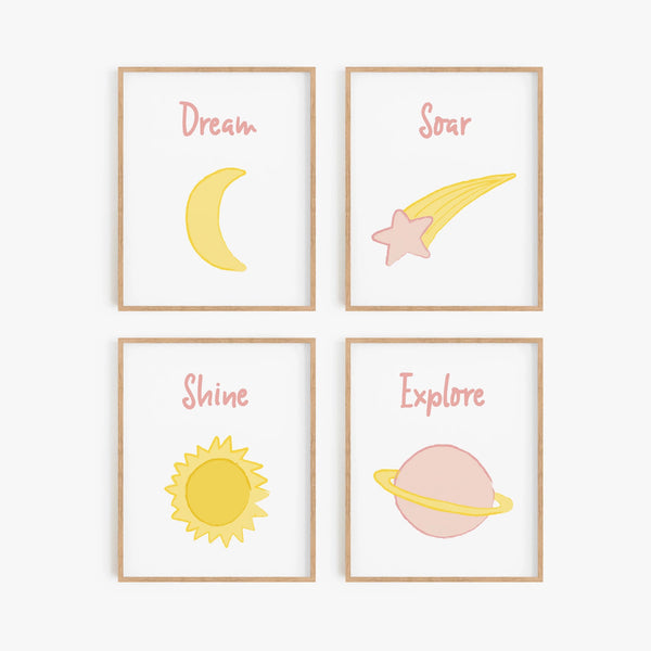 Outer Space Illustrated Art Prints (Set of 4)