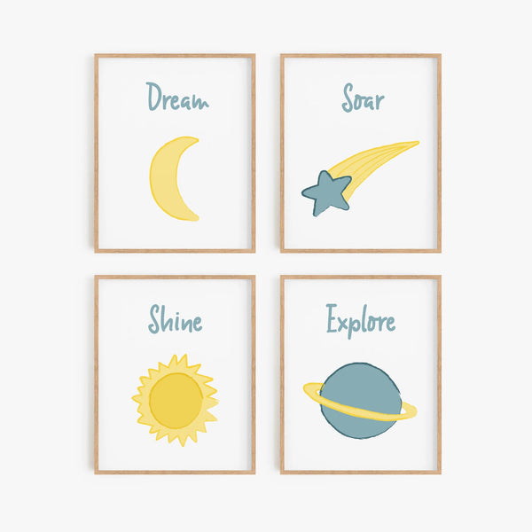 Outer Space Illustrated Art Prints (Set of 4)