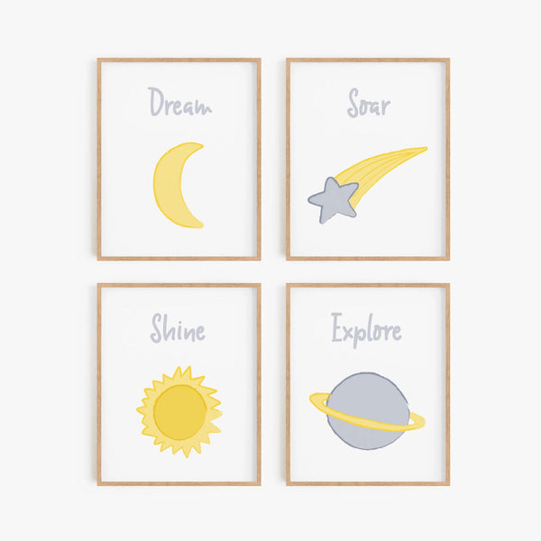 Outer Space Illustrated Art Prints (Set of 4)