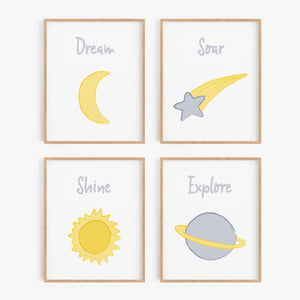 Outer Space Illustrated Art Prints (Set of 4)