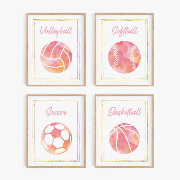 Pink Watercolor Sports Art Prints (Set of 4)