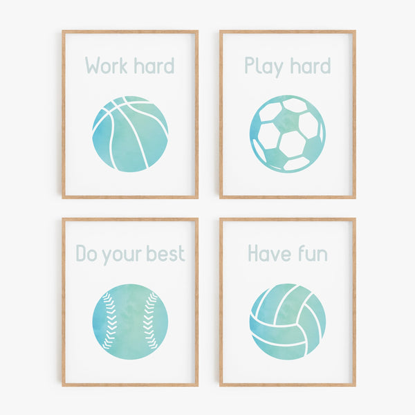 Turquoise Watercolor Sports Art Prints (Set of 4)